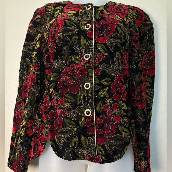 R & K Evening Jackets & Blazers - R & K Evening Velvet Floral Jacket Black Red Roses Green Vintage Size 12 Missy